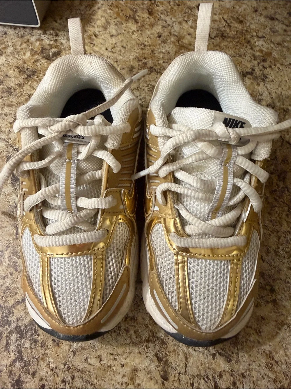 Nike White and Gold Kids Athletic Sneakers